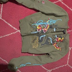 Ed Hardy’s Green Hoodie with Floral and Graphic Design